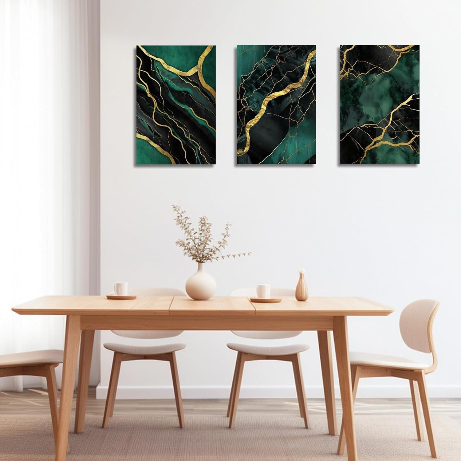 3Pcs Emerald Green & Gold Abstract Canvas – Marble Texture Framed Wall Art
