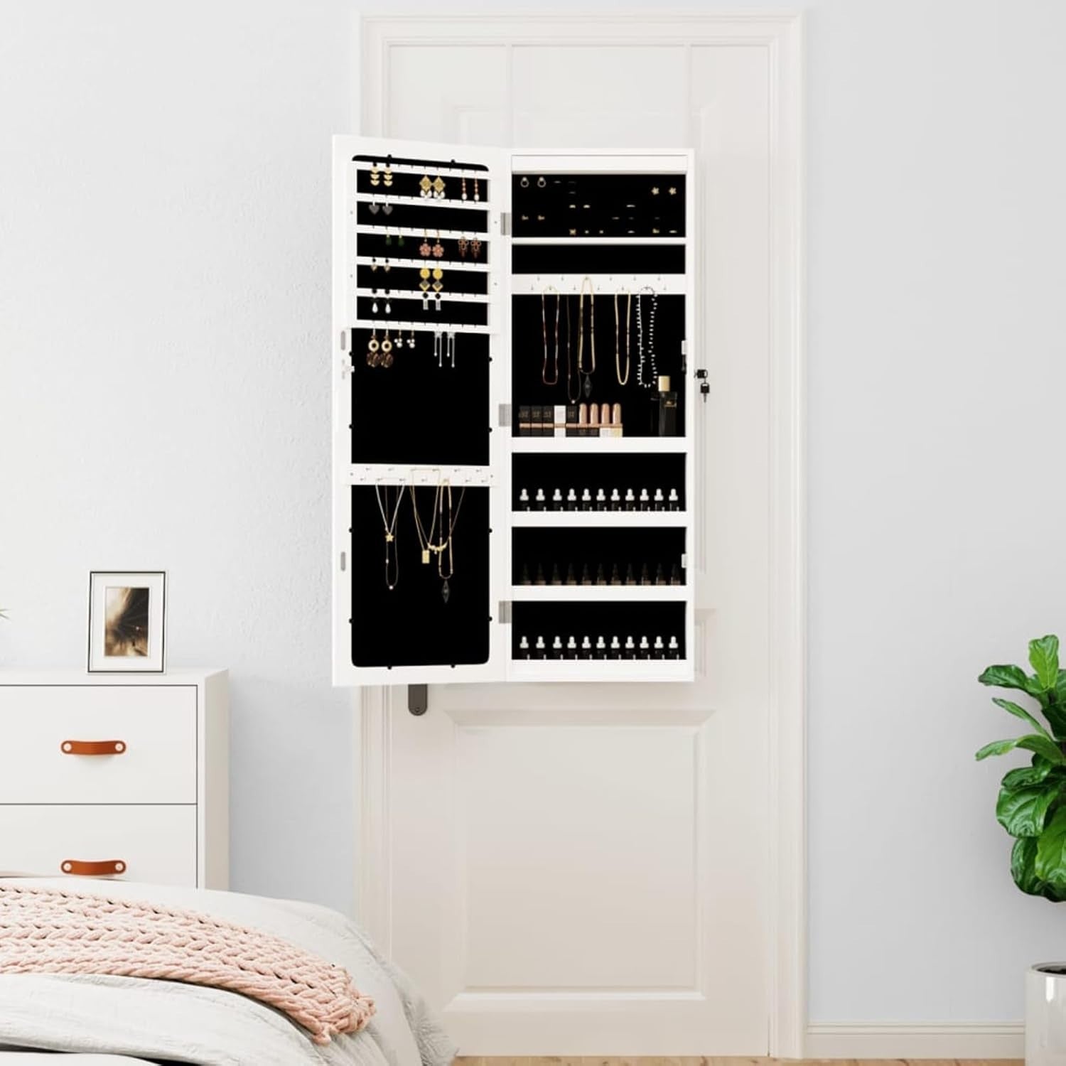 LED Mirror Jewelry Cabinet Wall Mounted Lockable Organizer Storage White