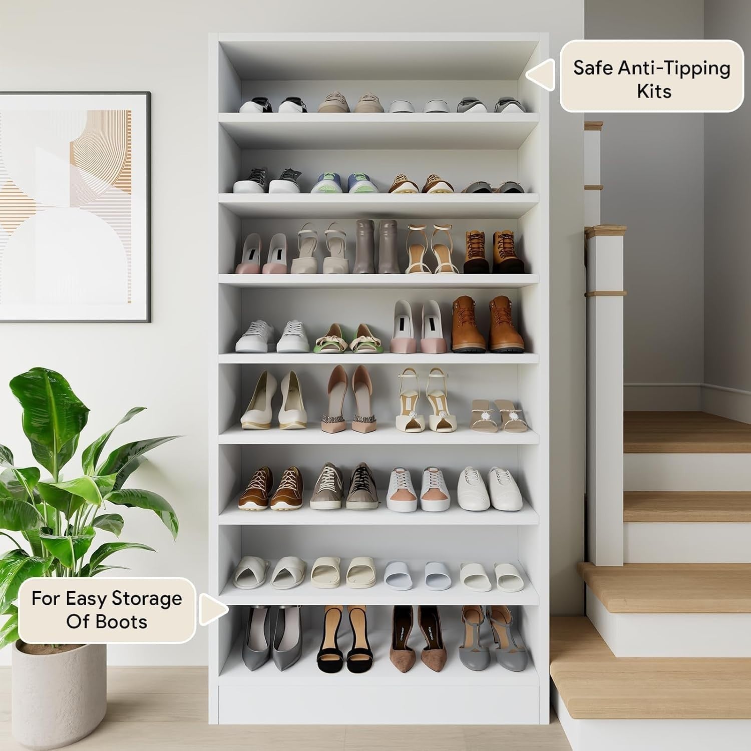 9-Tier Tall Shoe Rack Cabinet Storage Unit – White Freestanding 180cm