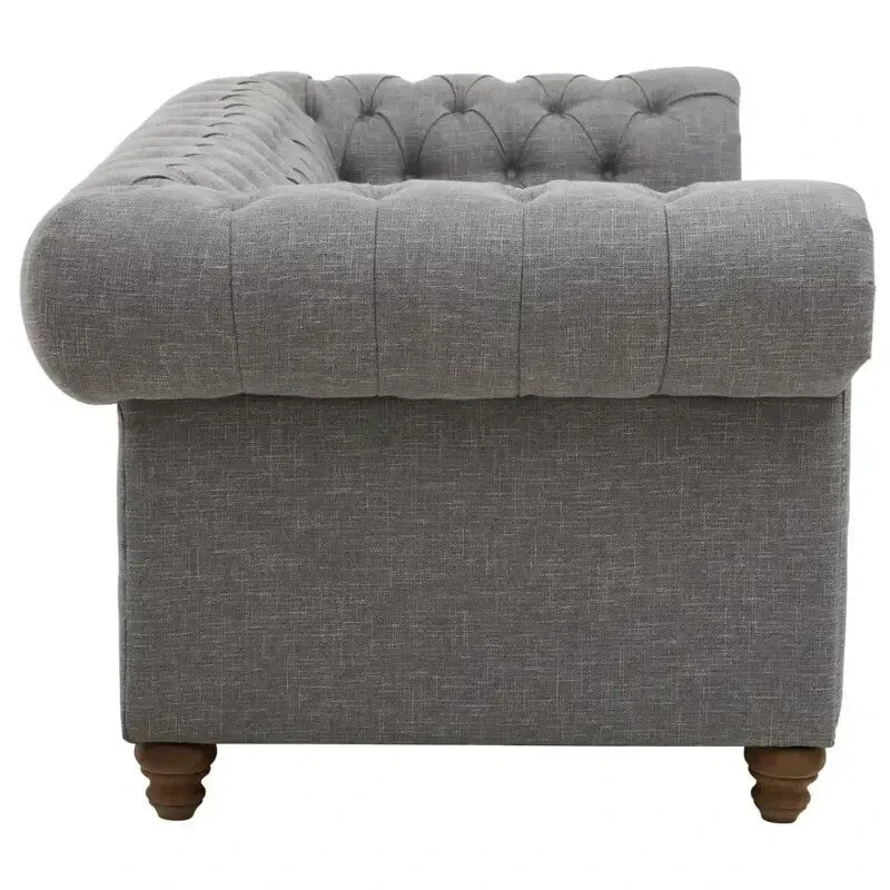 Grey Linen 3 Seater Chesterfield Sofa w/ Scroll Arms & Wooden Legs