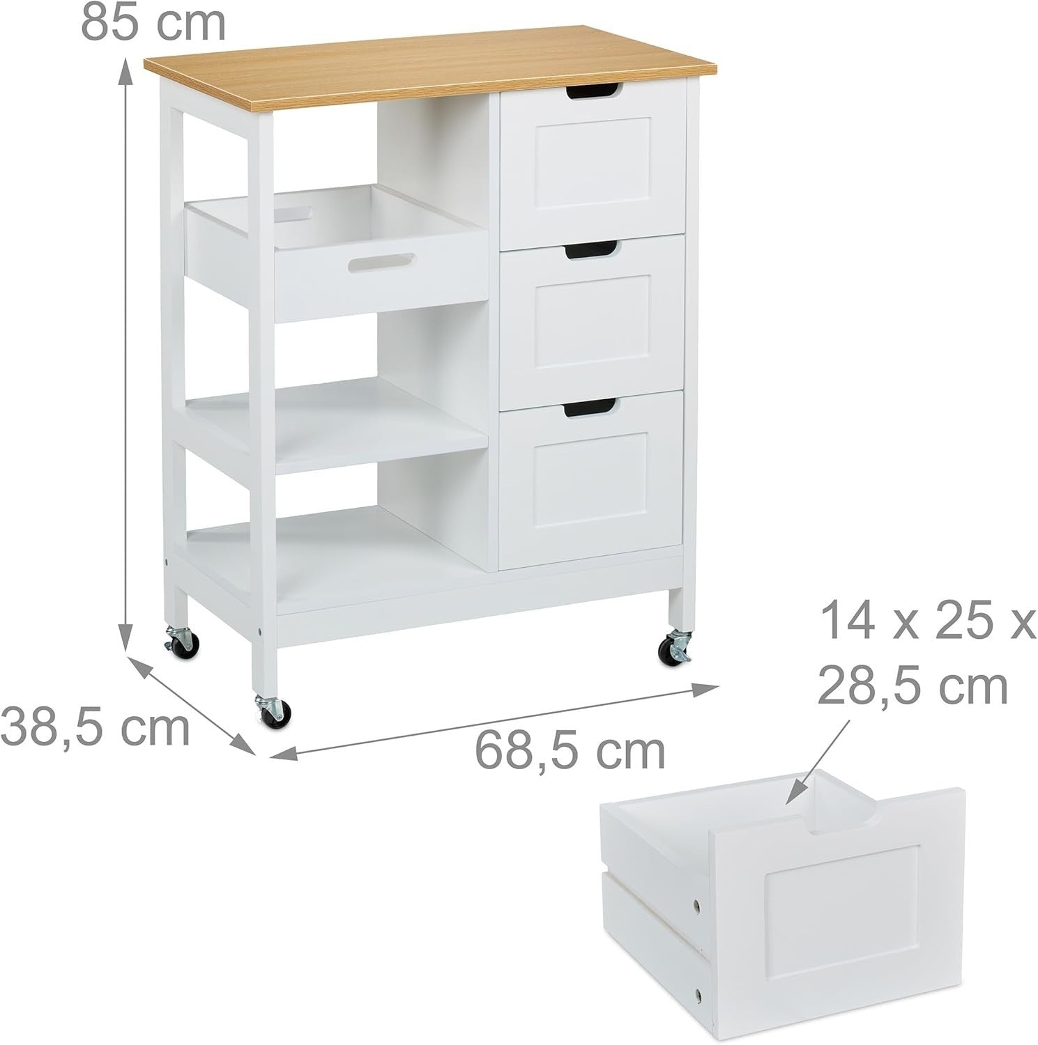 Rolling Kitchen Island Cart with 3 Drawers, Shelves & Wood Worktop, White