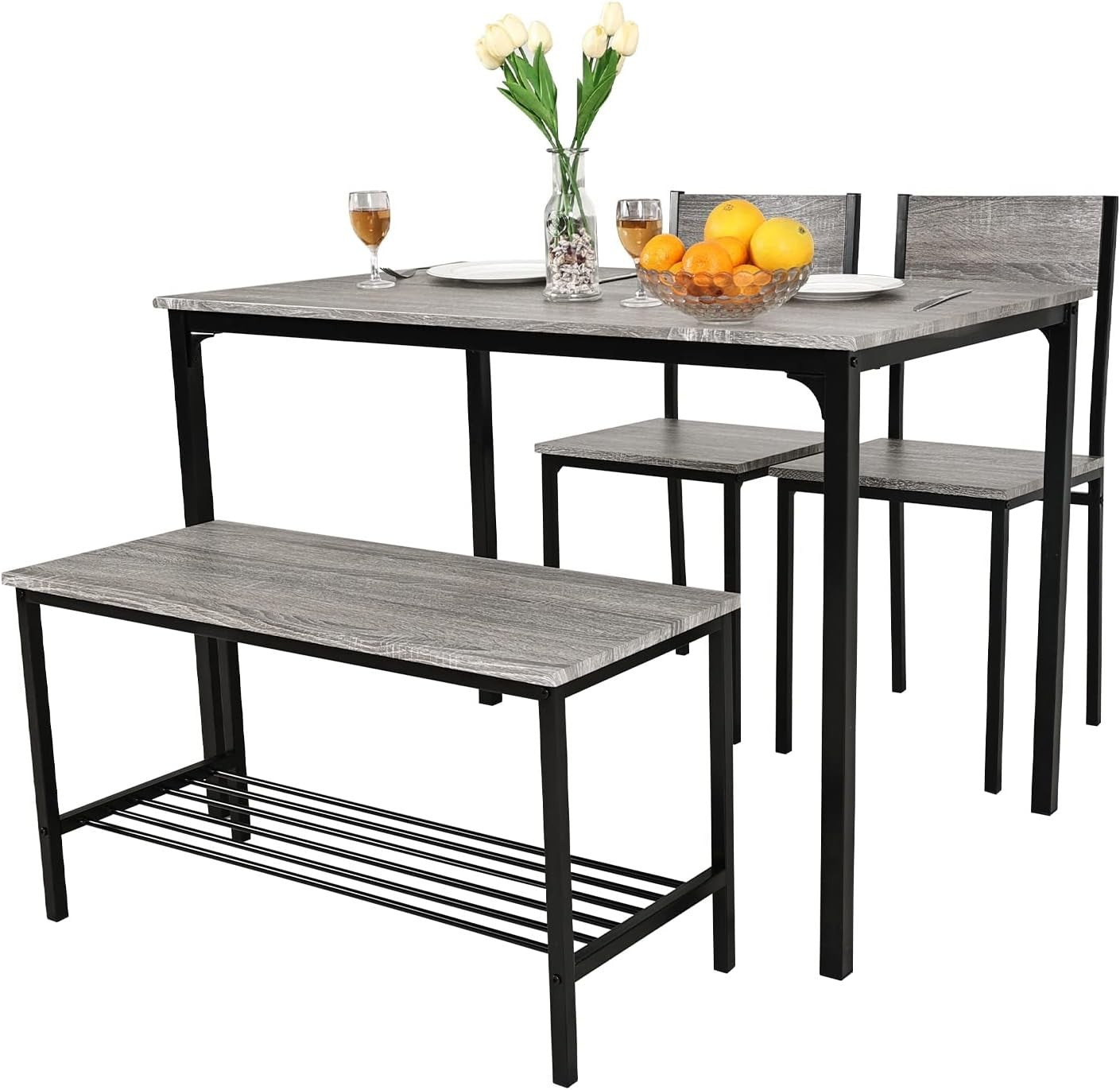 4-Piece Grey Dining Set with Bench & Chairs | Space Saving Kitchen Table