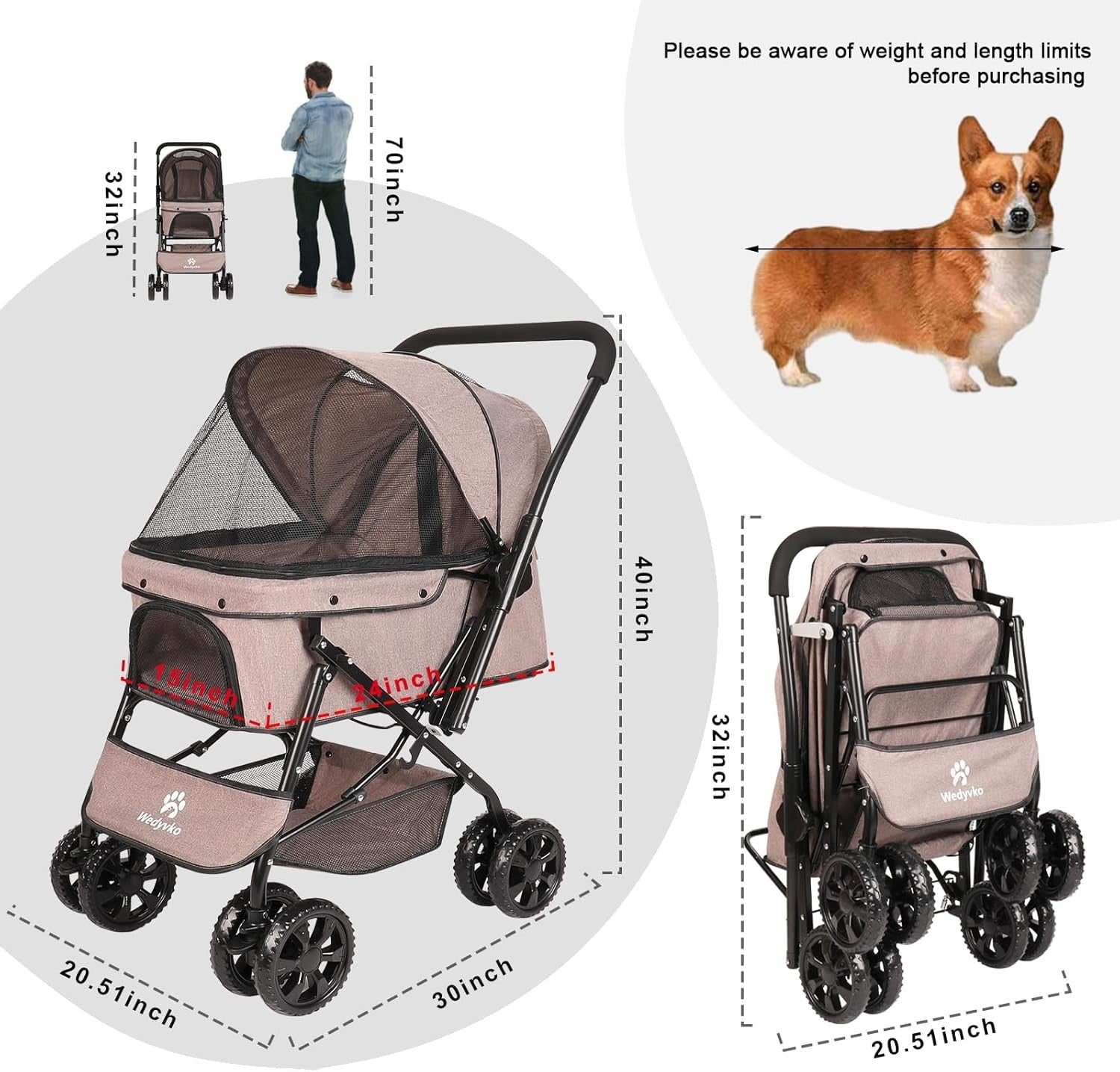 Pet Stroller for Medium Dogs up to 20kg Foldable 4 Wheel Dog Cat