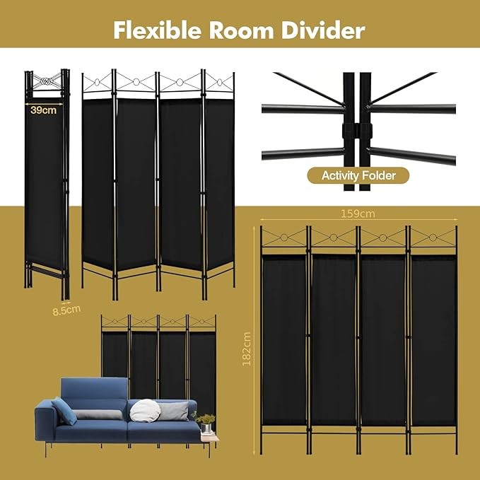 4 Panel Folding Room Divider – Black Privacy Screen with Steel Frame for Bedroom