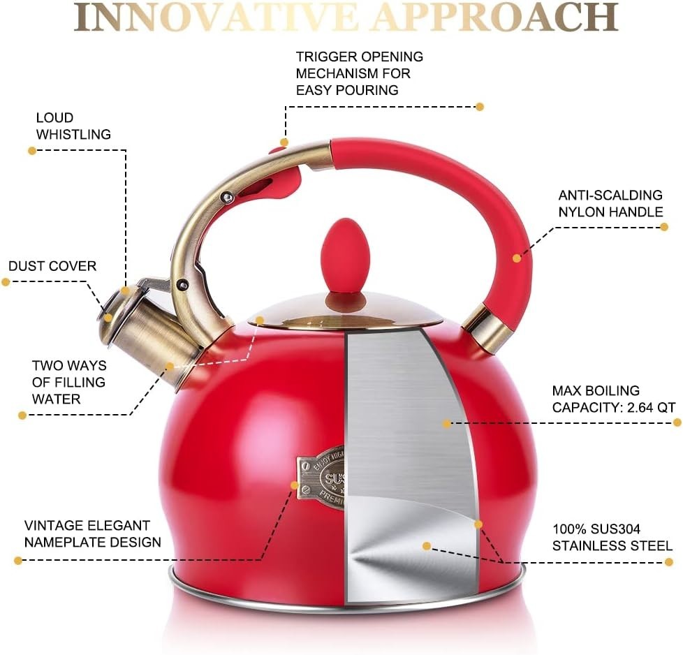 3L Red Whistling Tea Kettle Stainless Steel Stove Top Teapot