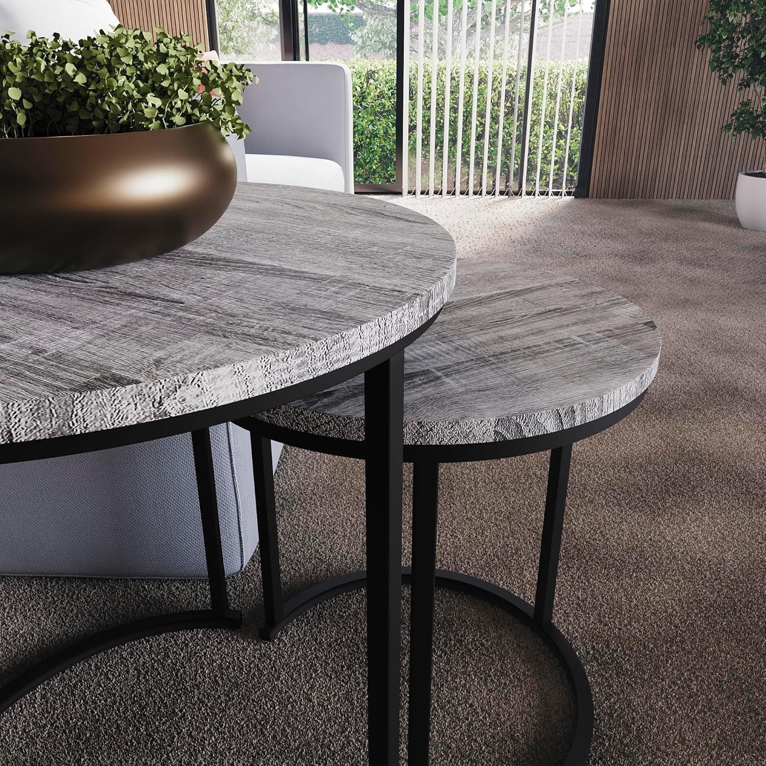 2pc Grey Metal Round Nesting Coffee Side End Tables Industrial Modern Set