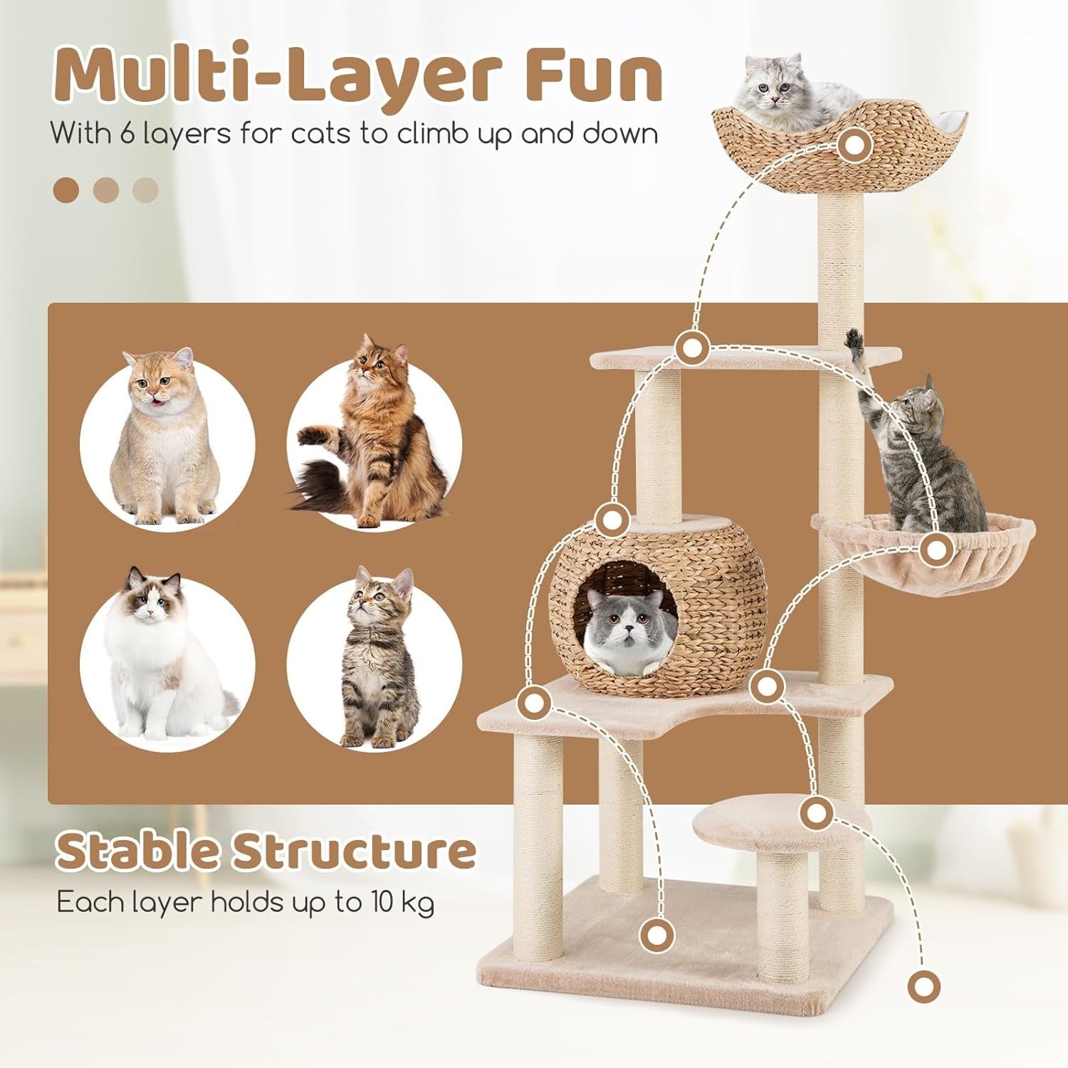 150cm Cat Tree Tower Condo Hammock Sisal Scratching Posts Woven Perch