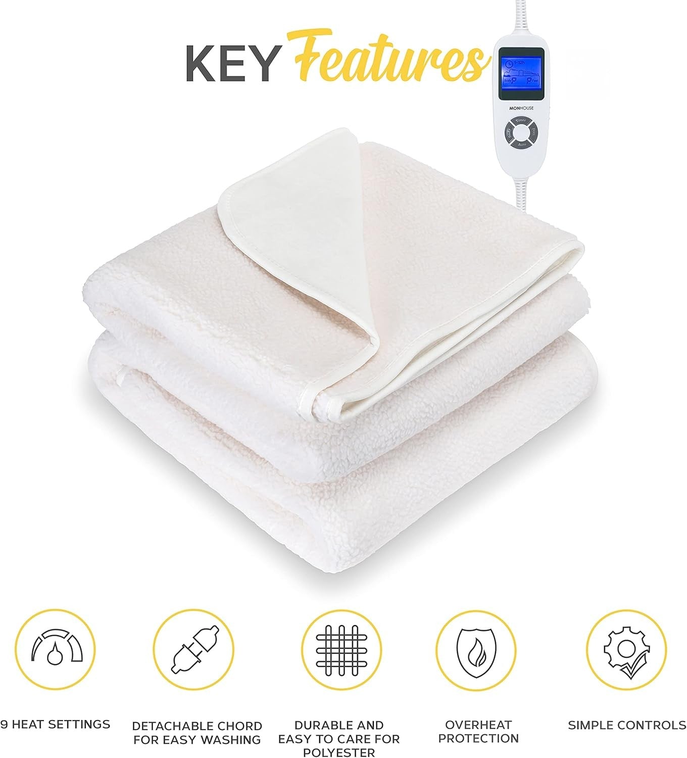 Single Electric Heated Underblanket 90x190cm 9 Heat Settings Washable Fleece
