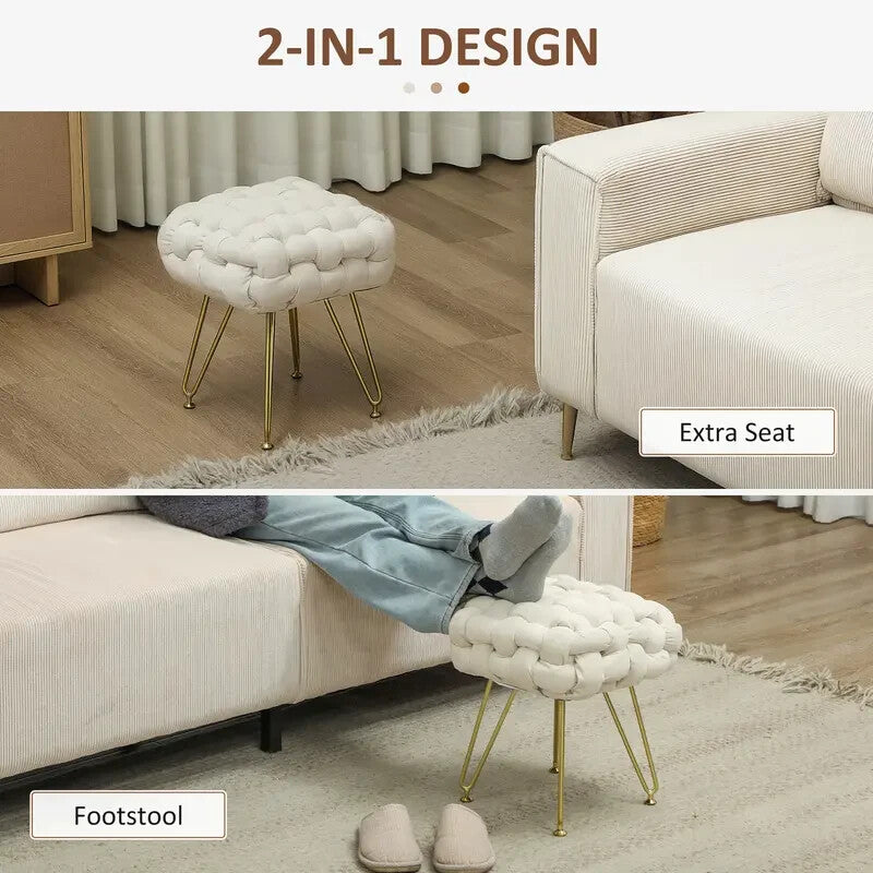 Cream Woven Velvet Footstool Ottoman Seat with Gold Legs for Bedroom