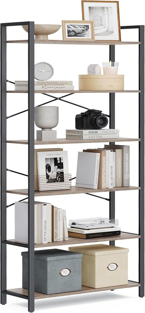 6 Tier Industrial Bookshelf Tall Storage Unit Metal Frame 30×80×186cm Shelving