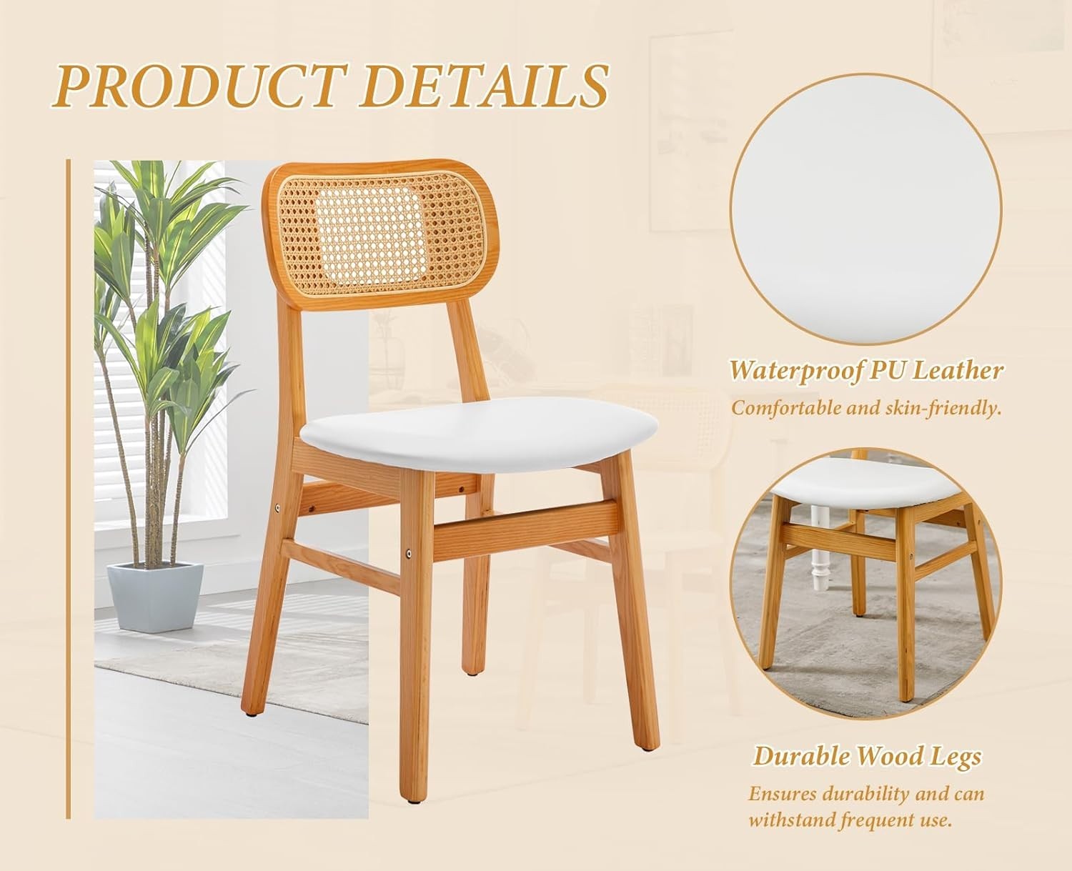 White Rattan Dining Chairs Set of 4 Upholstered Wooden Kitchen Chairs