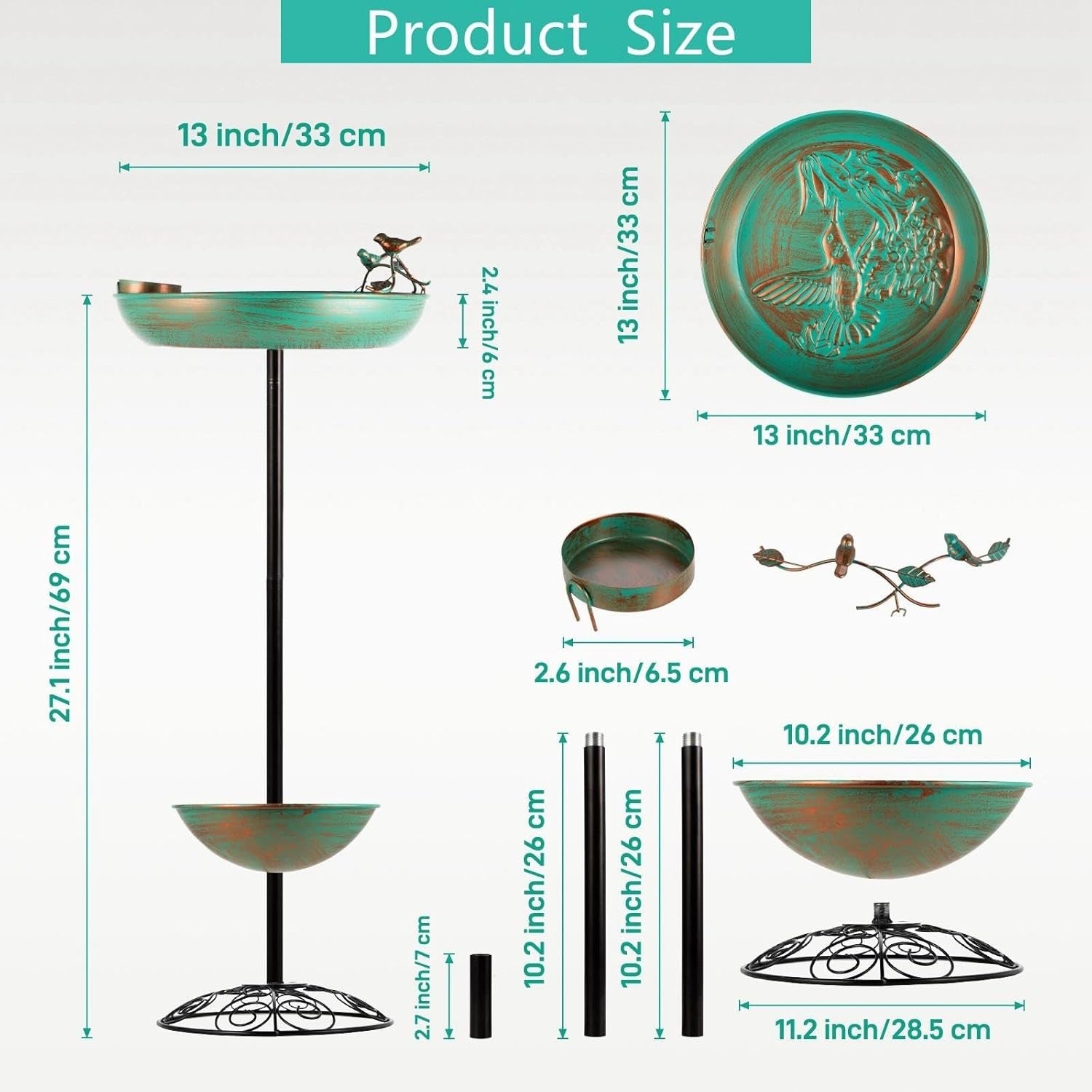Wrought Iron Bird Bath Feeder Outdoor Garden Decor Double Bowl Stand
