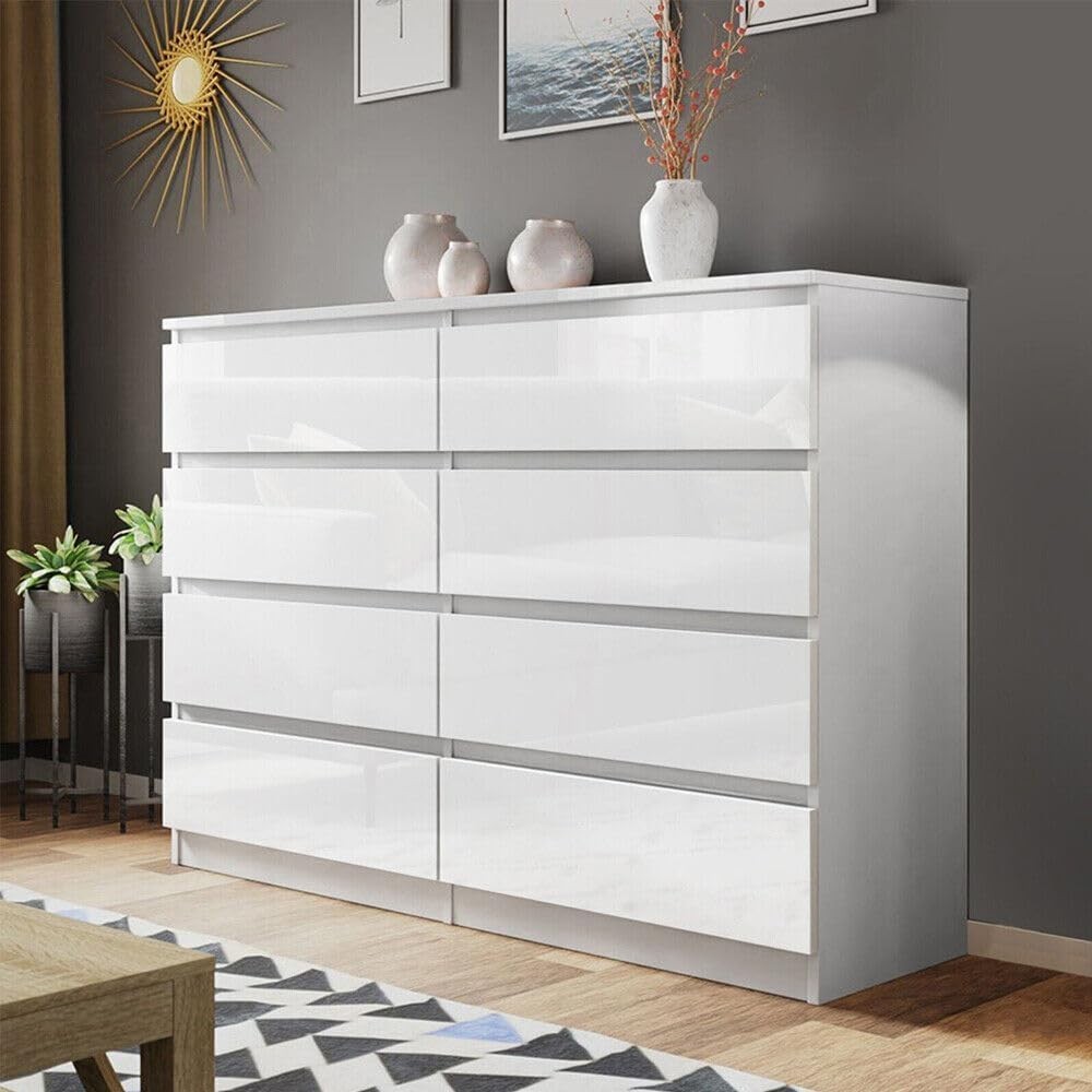 White Gloss 8 Drawer Chest Wide Tall Bedroom Storage Unit Modern 120cm