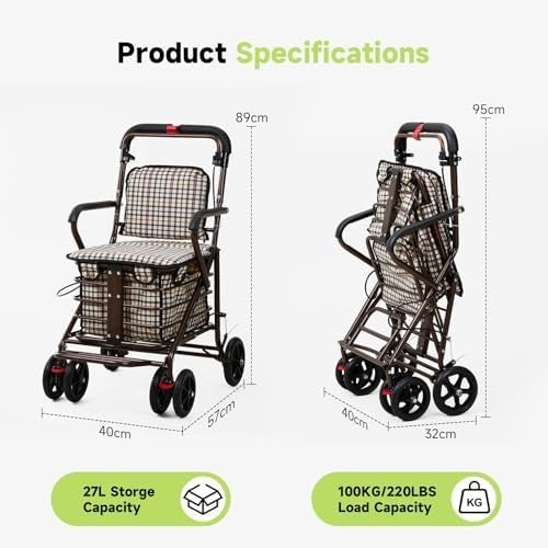 Walk & Rest Shopping Trolley with Seat 27L Foldable 4 Wheel Brakes