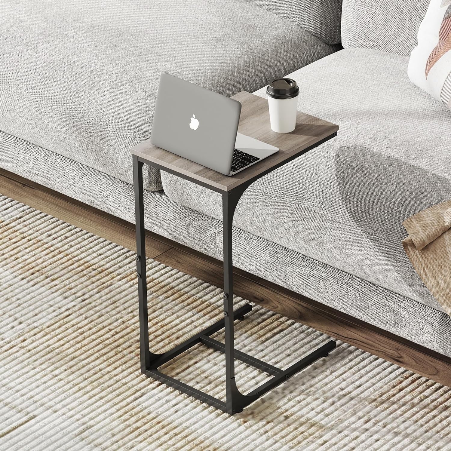 C Shape Side Table Oak Sofa Bed Small Desk End Table for Living Room & Bedroom