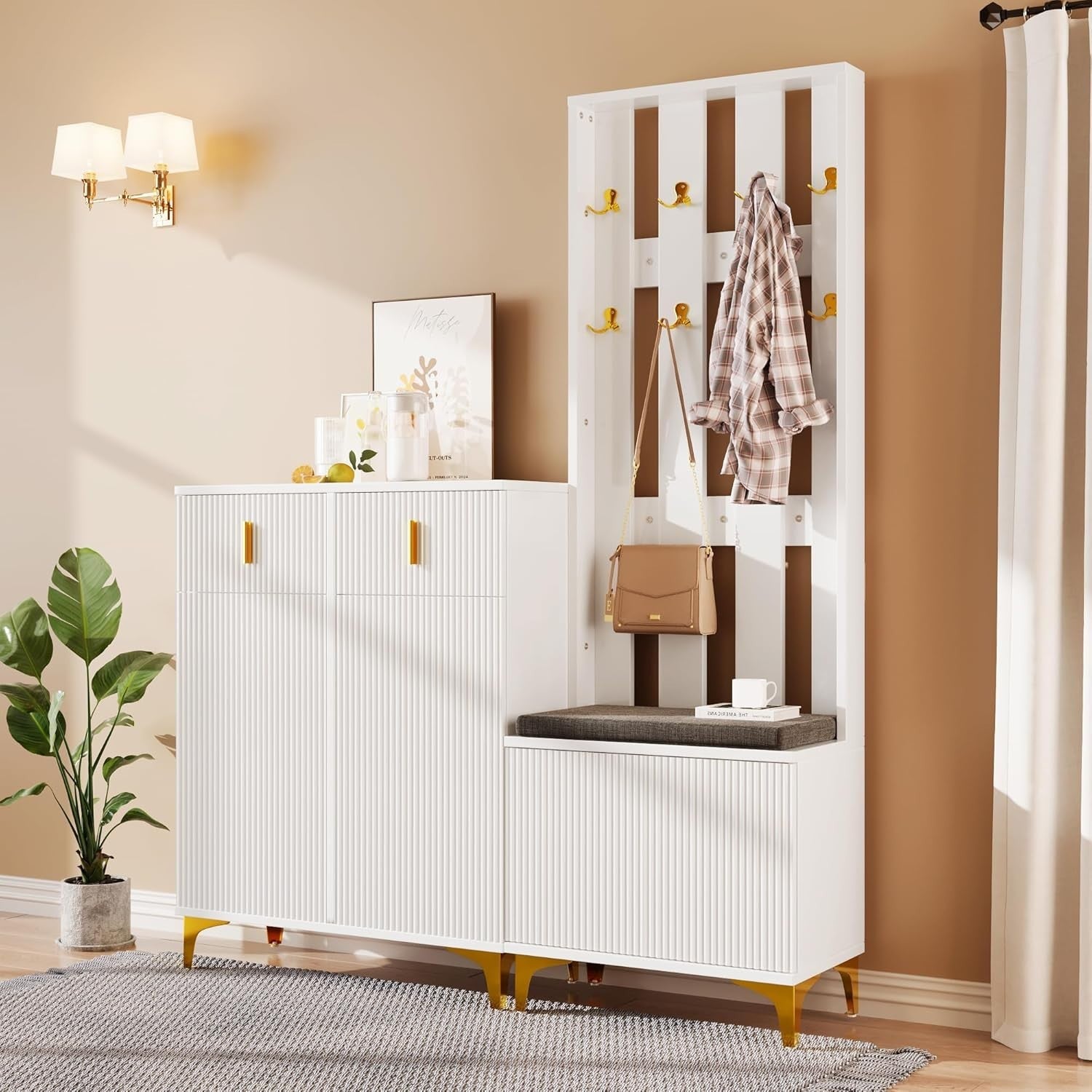 Modern Hallway Coat Rack with Shoe Storage Bench & Drawers – White 180cm