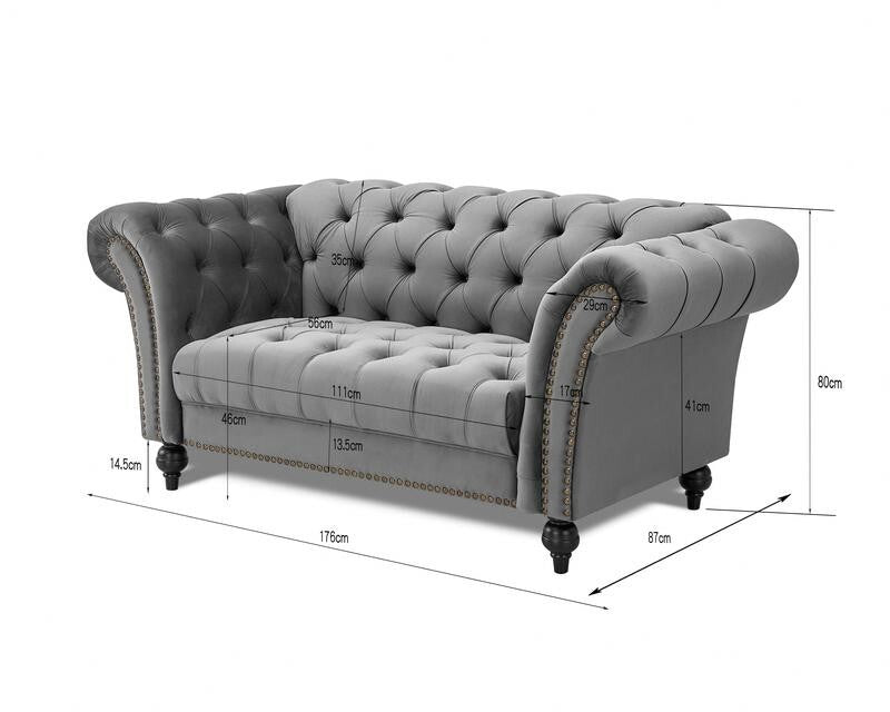 Grey Velvet Chesterfield 2 Seater Sofa Tufted Scroll Arm Couch