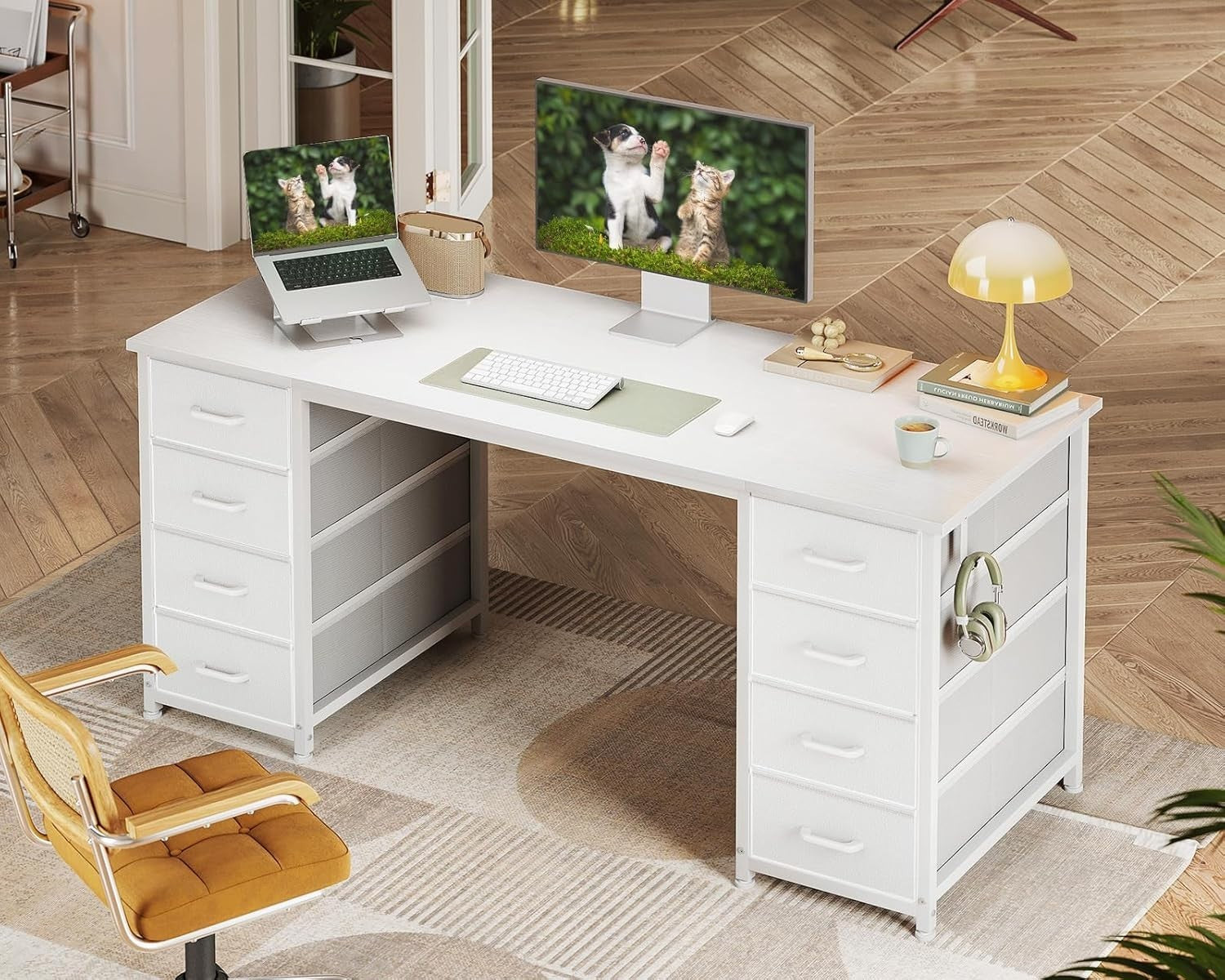 White 140x48cm Computer Desk with 8 Drawers, Modern Study & Office Table