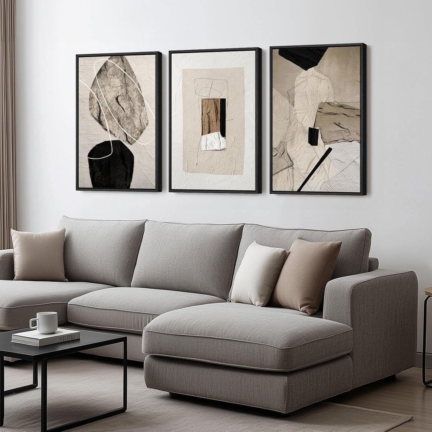 Framed Neutral Abstract Wall Art Set of 3 16x24in Modern Canvas