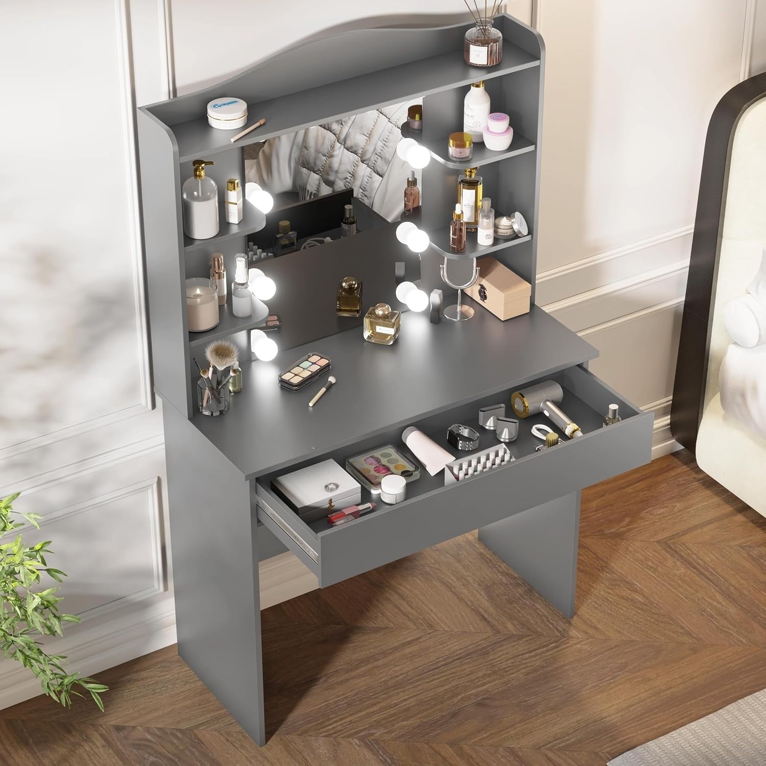 Modern Dressing Table Vanity Set 10 LED Lights Mirror Drawer Shelves Grey Makeup