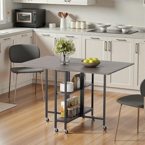 Space-Saving Folding Dining Table with Wheels & Storage Shelves