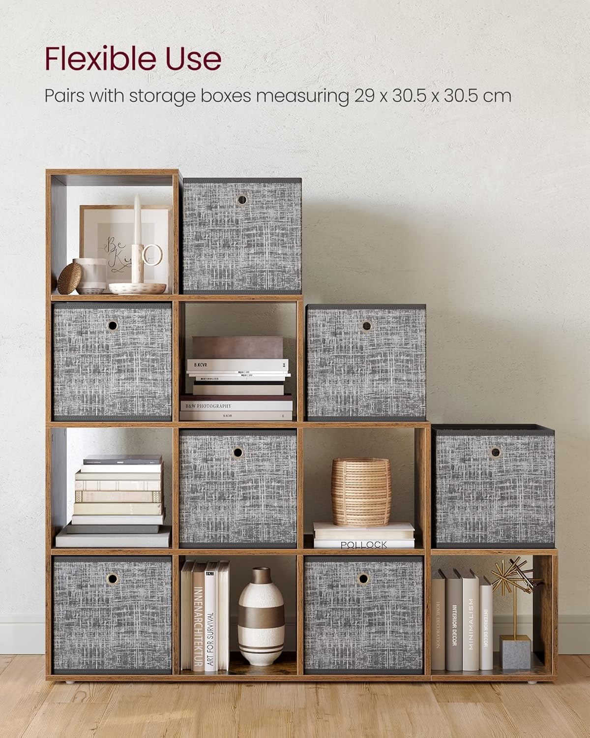 10-Tier Rustic Brown Cube Shelf – Large Open Display Bookcase for Home & Office