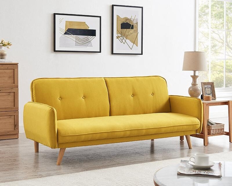 3 Seater Mustard Sofa Bed Tufted Back Clic Clac Fabric Wooden Legs