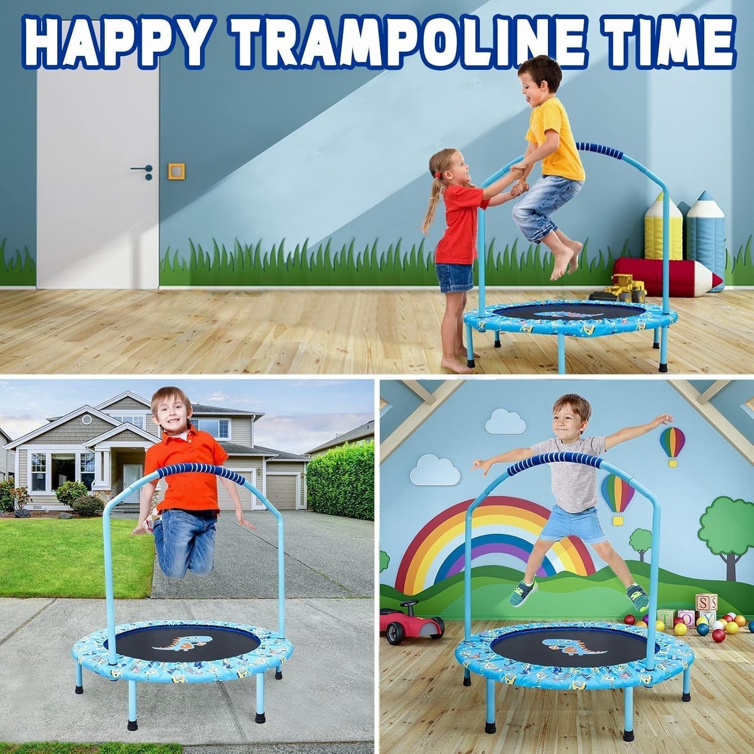38in Kids Trampoline Foldable Silent Bungee Handle Indoor Outdoor