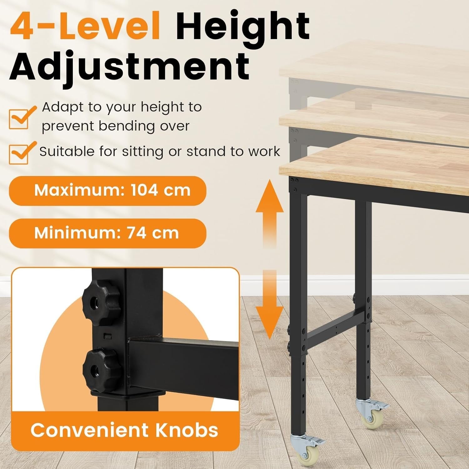 Adjustable Rolling Workbench 1100kg Heavy Duty Bamboo Top 122x51 Locking Wheels