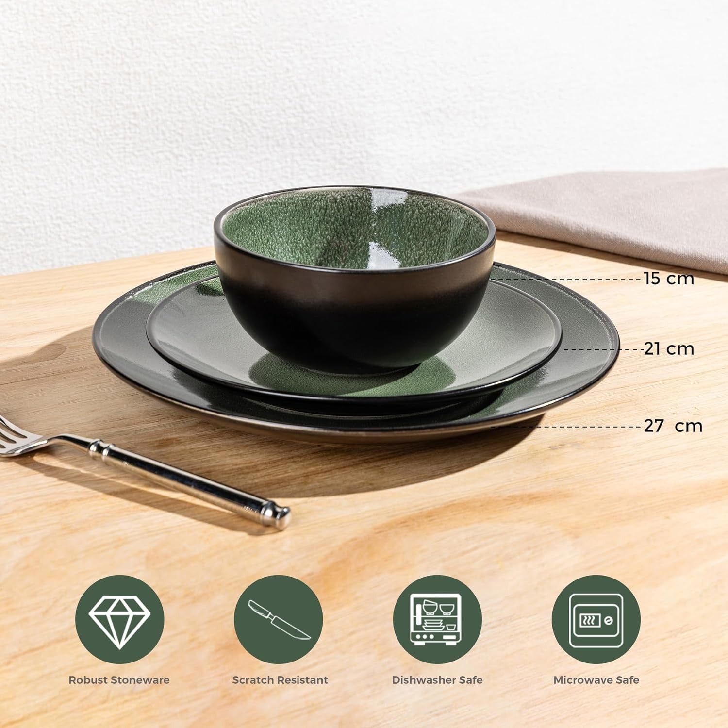 12 Piece Stoneware Dinner Set Plates Bowls Resistant Dishwasher Safe