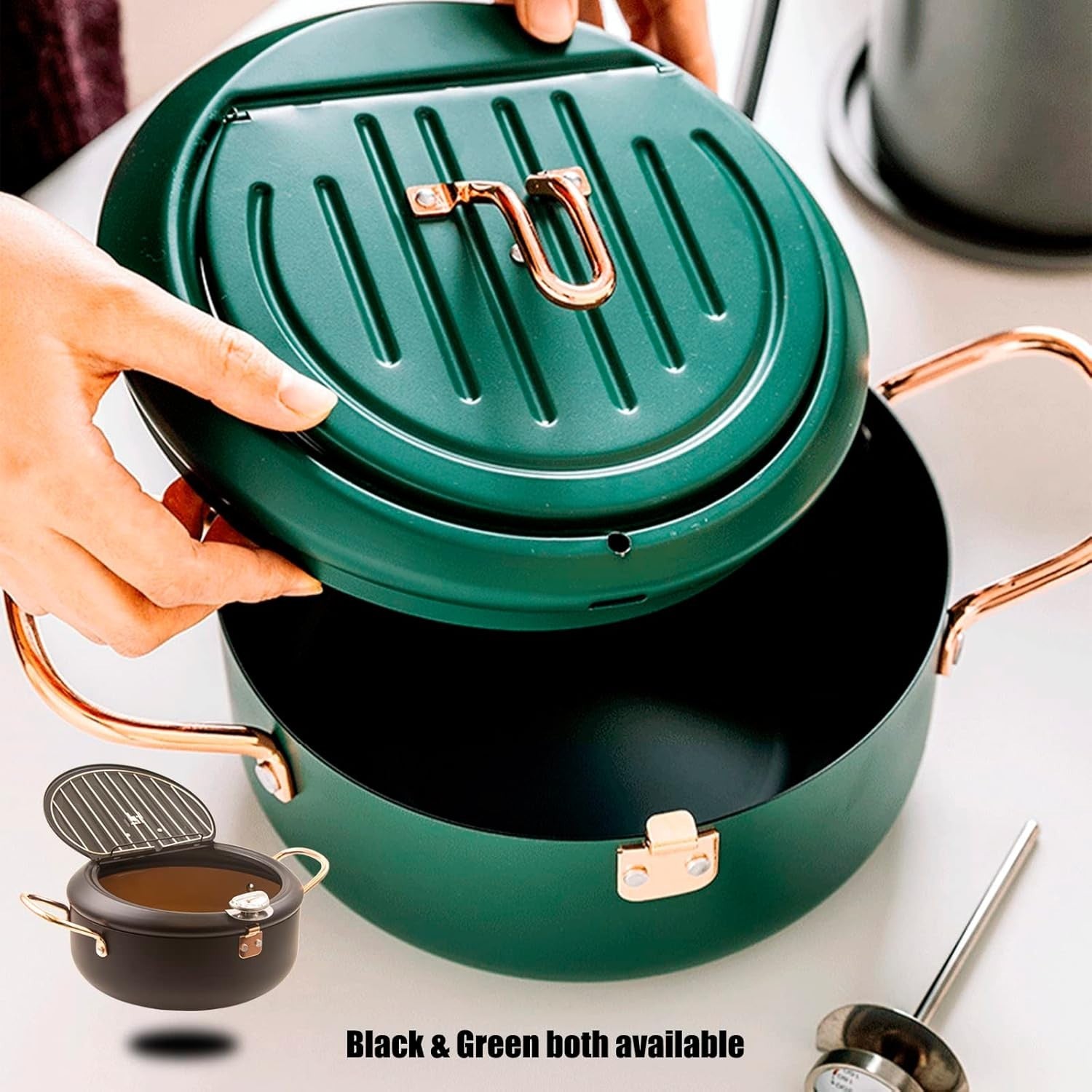 Japanese Tempura Deep Fryer Pot 9.5in Nonstick With Thermometer