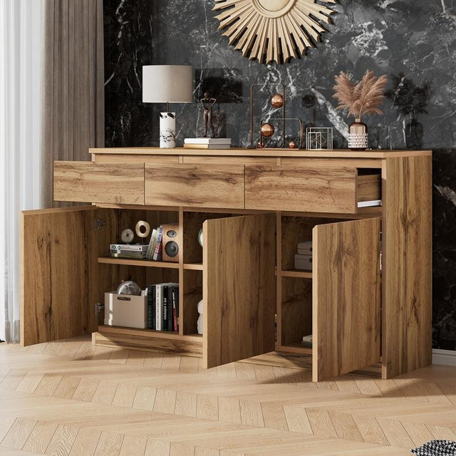 Oak Sideboard Buffet Cabinet with 3 Drawers 3 Doors Storage Unit 135cm