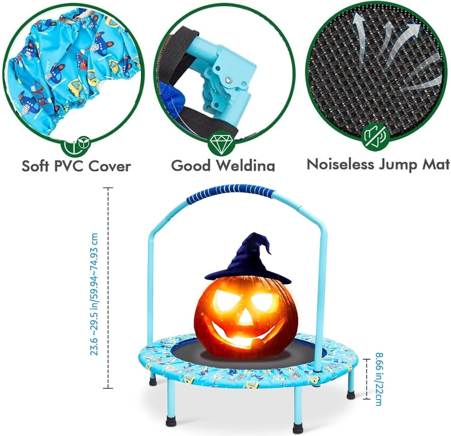 38in Kids Trampoline Foldable Silent Bungee Handle Indoor Outdoor