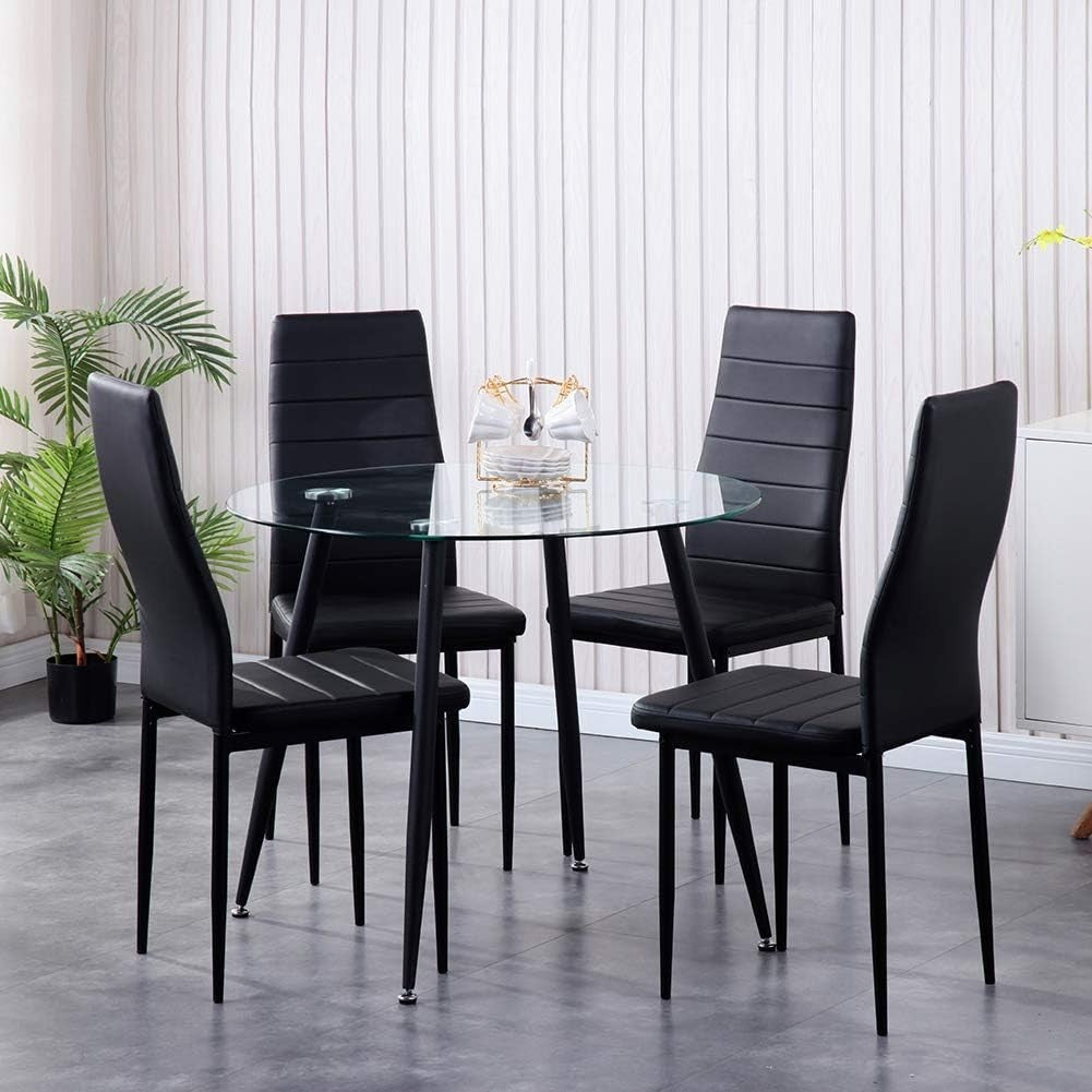 Round Glass Dining Table 90cm Modern Small Kitchen Dining Room Black Legs