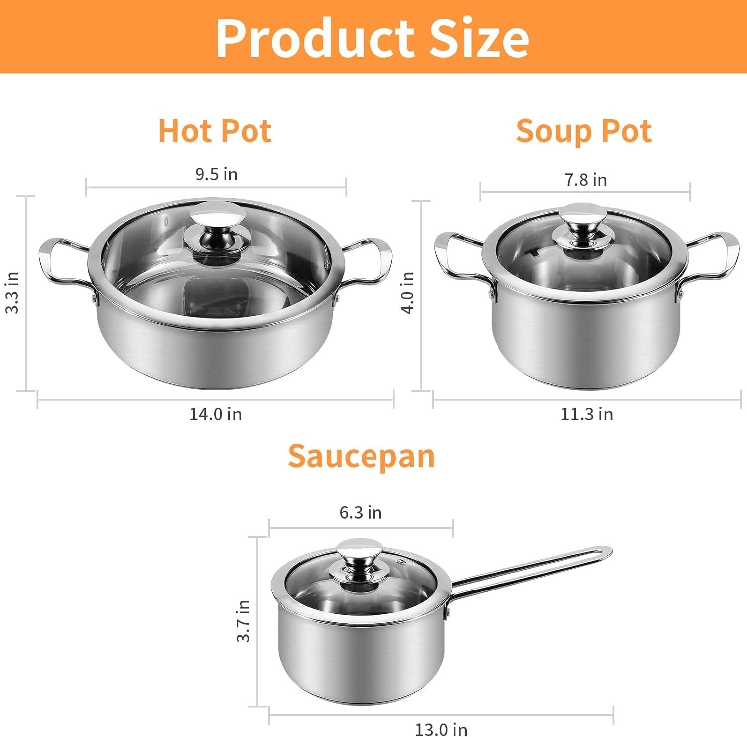6pcs Stainless Steel Saucepan & Pot Set with Glass Lids – Induction Compatible
