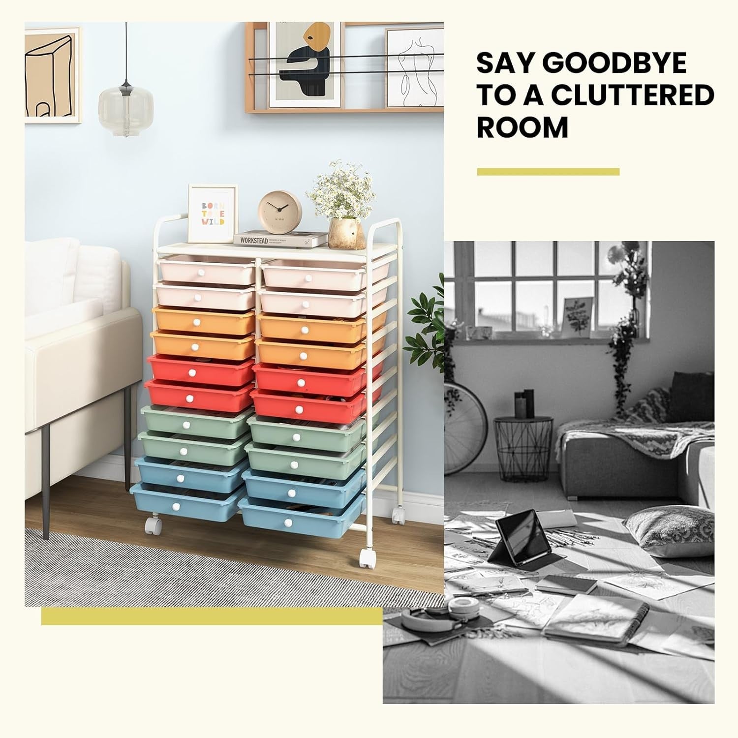 20 Drawer Rolling Storage Cart Mobile Organizer Trolley Lockable Wheels
