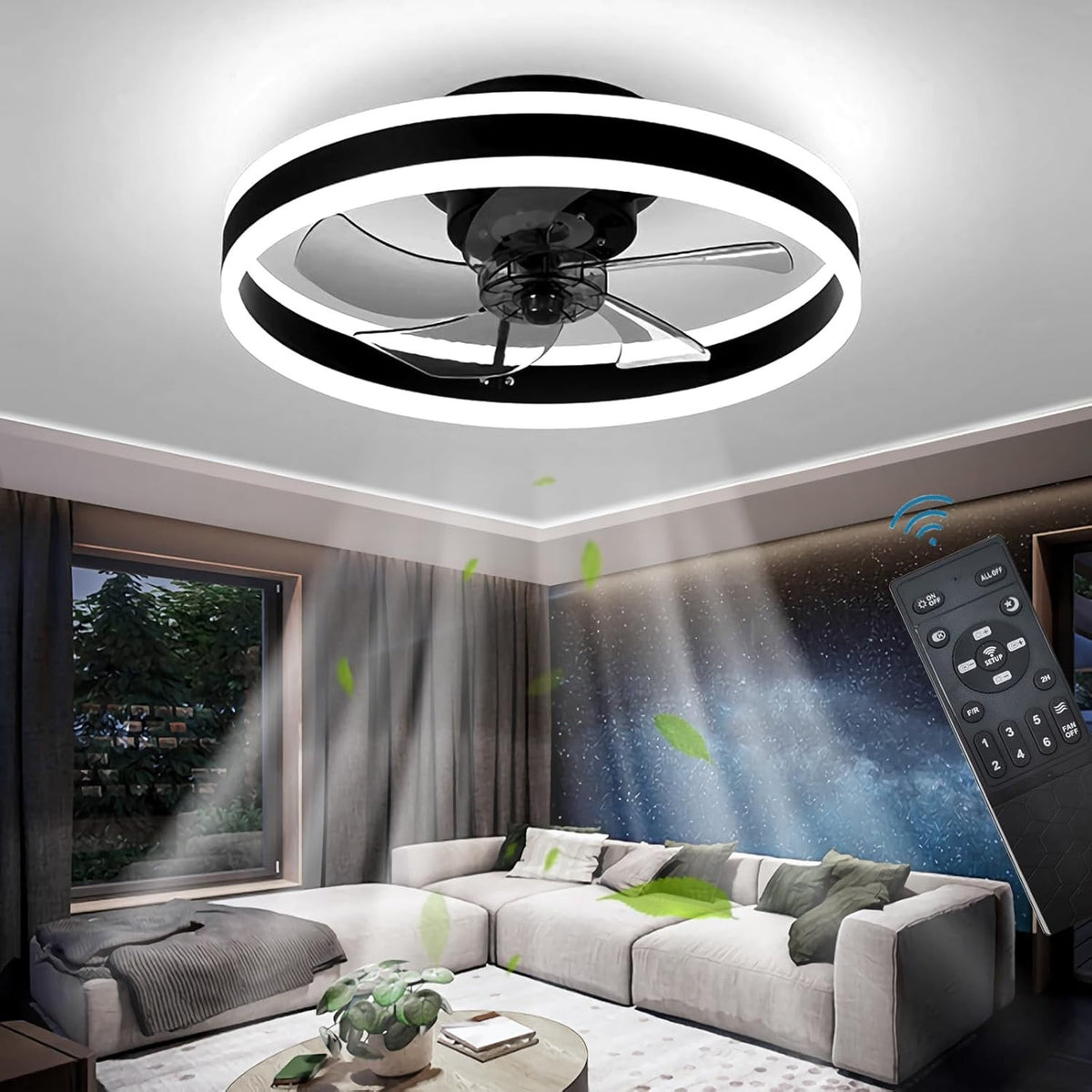 50CM LED Ceiling Fan Light, 6 Speeds, Reversible, Dimmable, Black