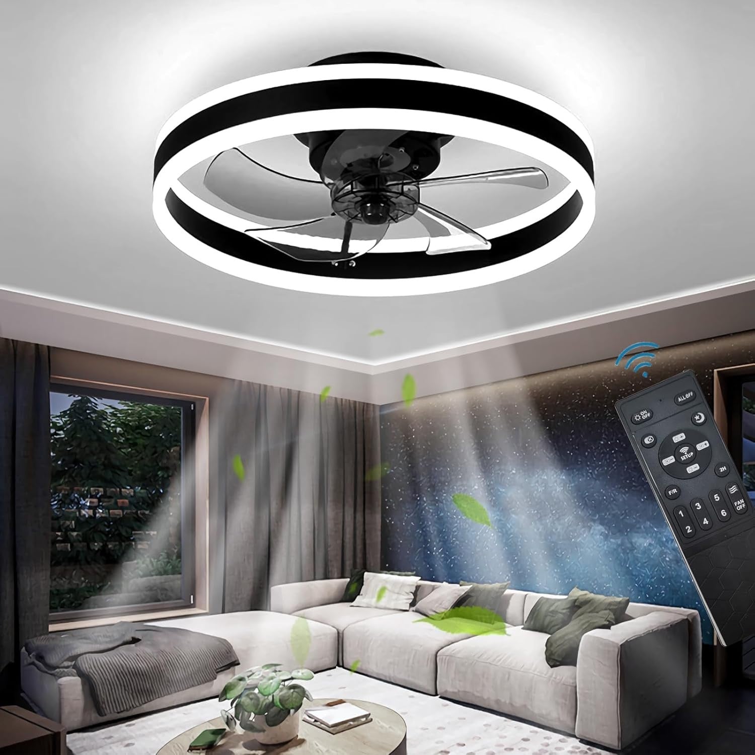50CM LED Ceiling Fan Light, 6 Speeds, Reversible, Dimmable, Black