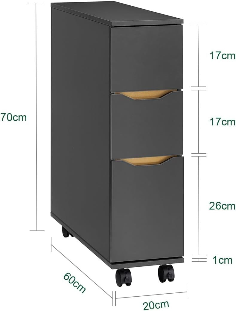 Slim Bathroom Storage Cabinet on Wheels 3 Drawers Dark Grey 20x60x70cm