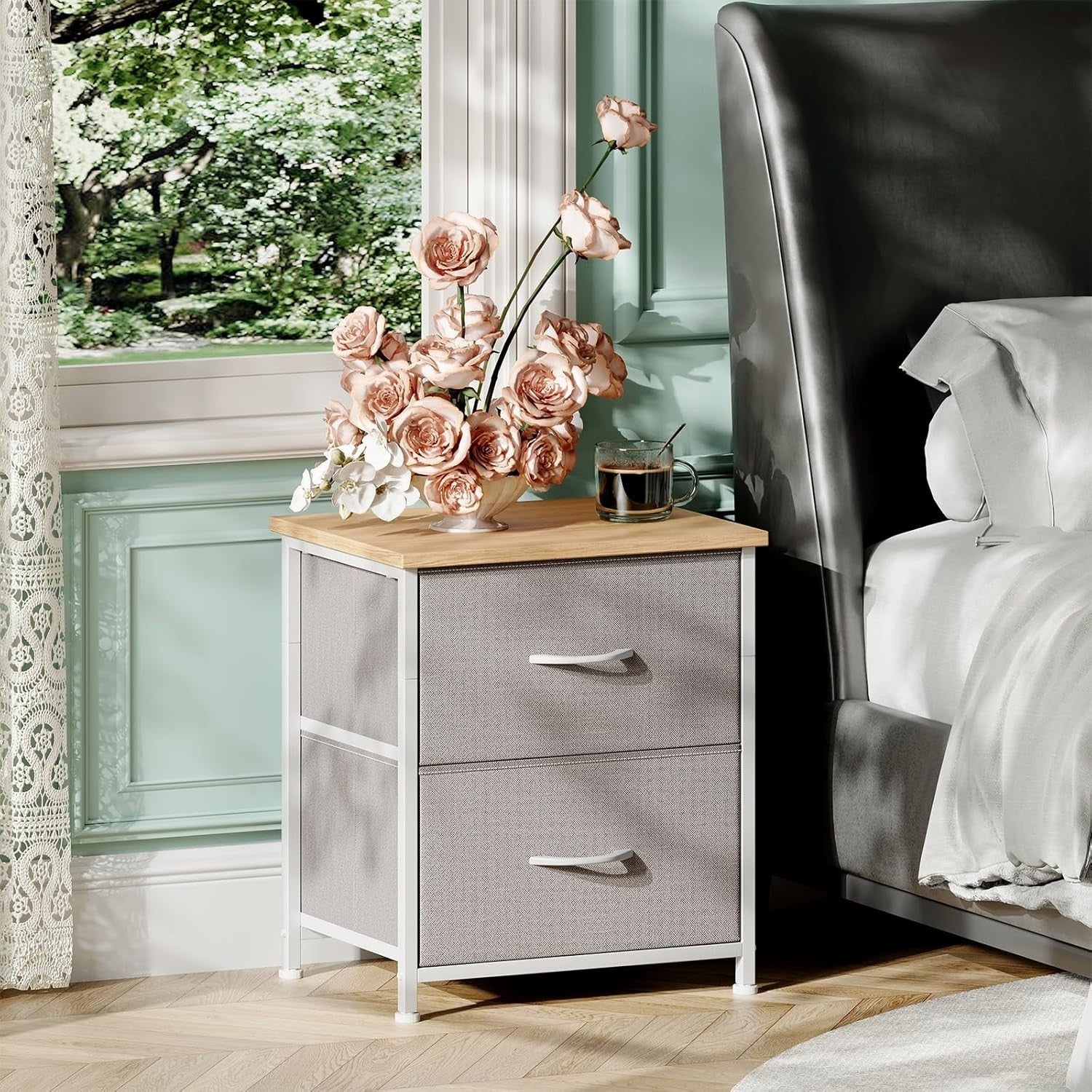 Modern Grey Bedside Tables Set of 2 with Fabric Drawers, Lightweight Cabinets