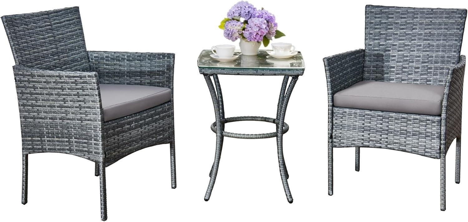 3pc Grey Rattan Bistro Set Balcony Garden Chairs Glass Table Patio Seating