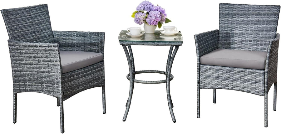 3pc Grey Rattan Bistro Set Balcony Garden Chairs Glass Table Patio Seating