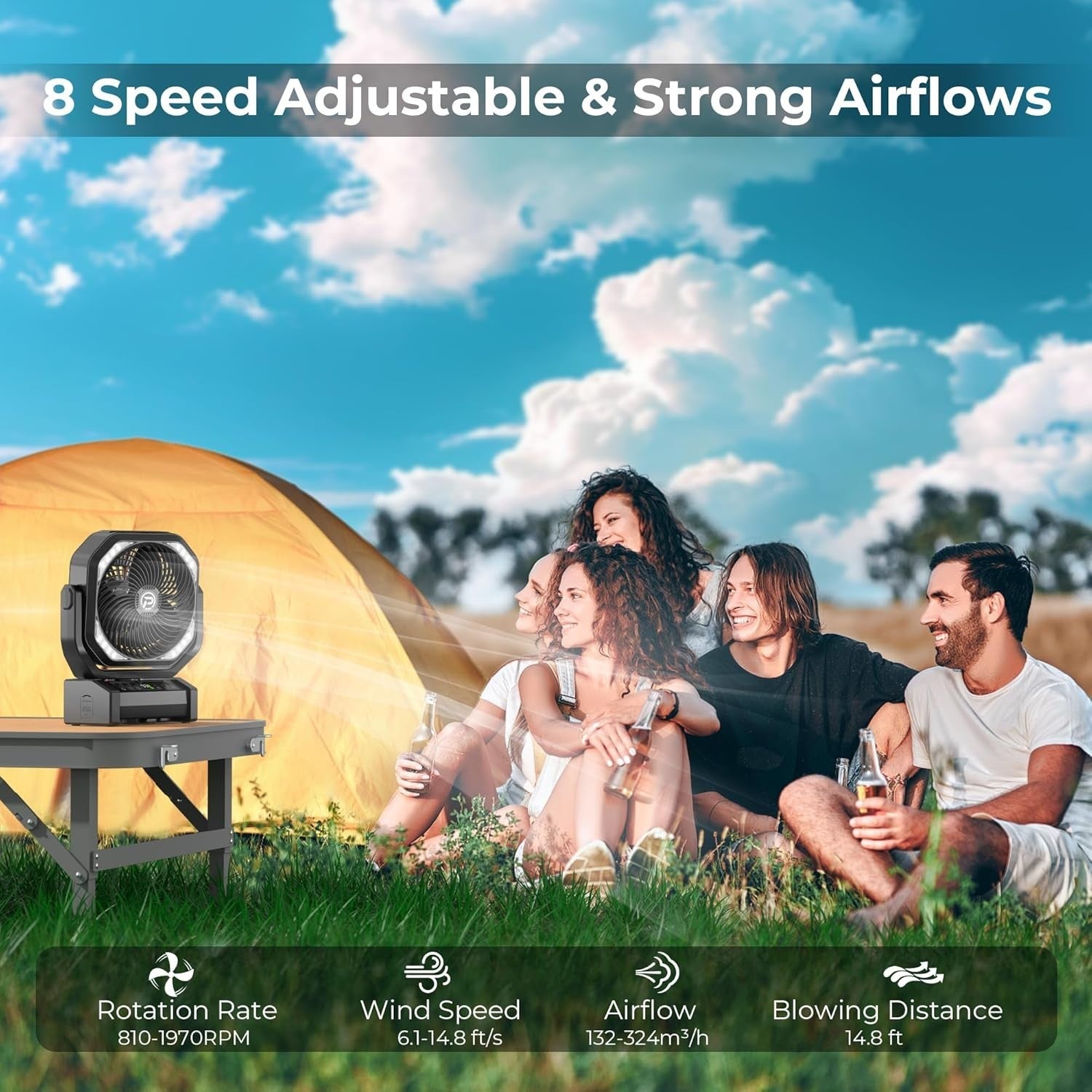 Black Camping Fan – 20000mAh Rechargeable w/ LED Light, 9 Speeds & Remote Timer