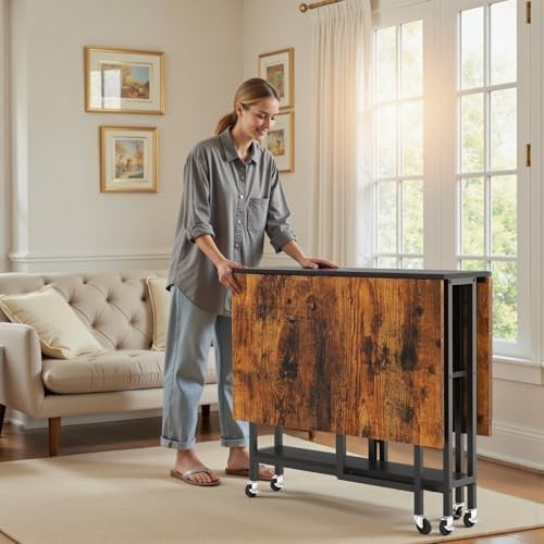 Foldable Space Saving Dining Table with Storage Shelves & Wheels for Small Rooms