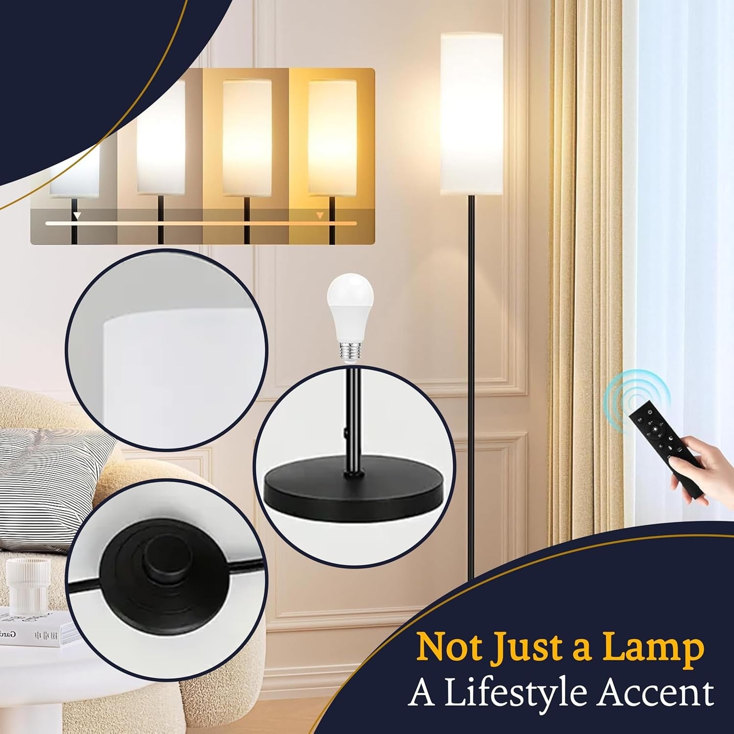 Vertical LED Floor Lamp Dimmable Modern Linen Standing Light with Foot Switch