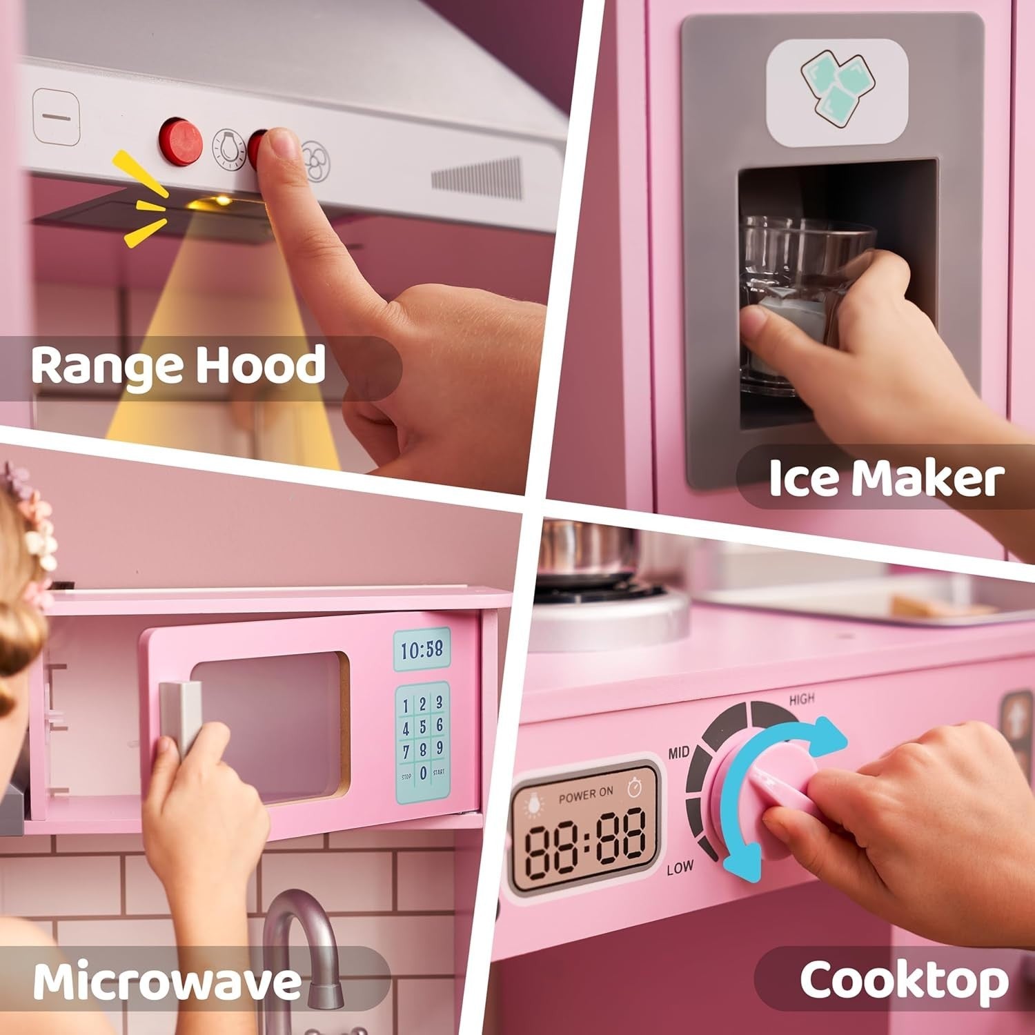 Large Wooden Kids Play Kitchen w/ Lights Sounds Ice Maker Pink