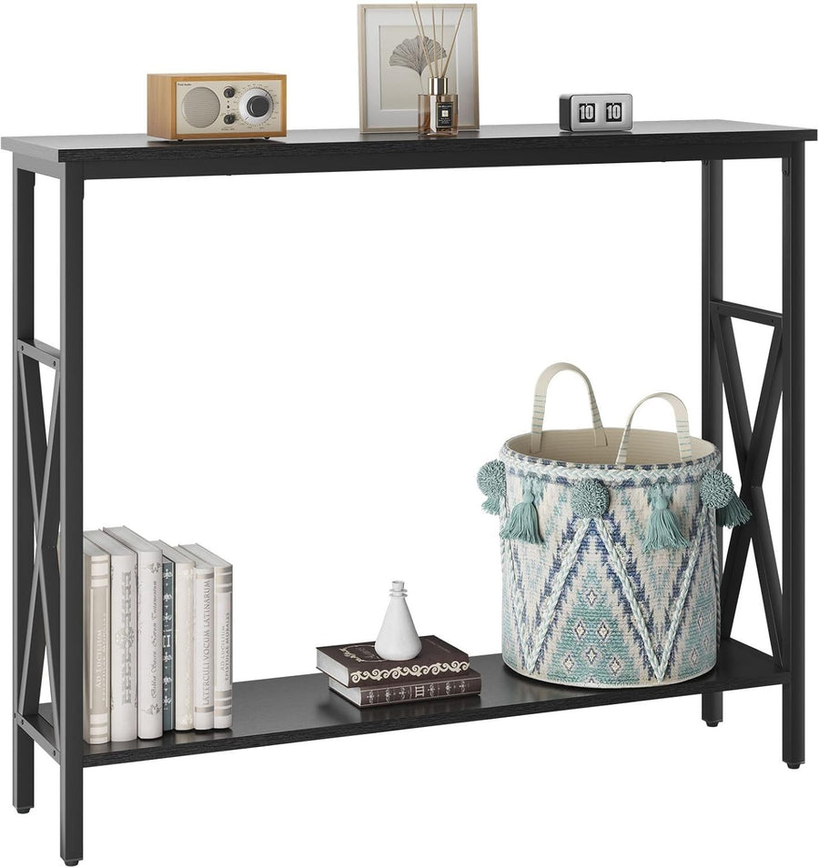 Industrial Console Table with Adjustable Feet, Metal Frame & Shelves for Small
