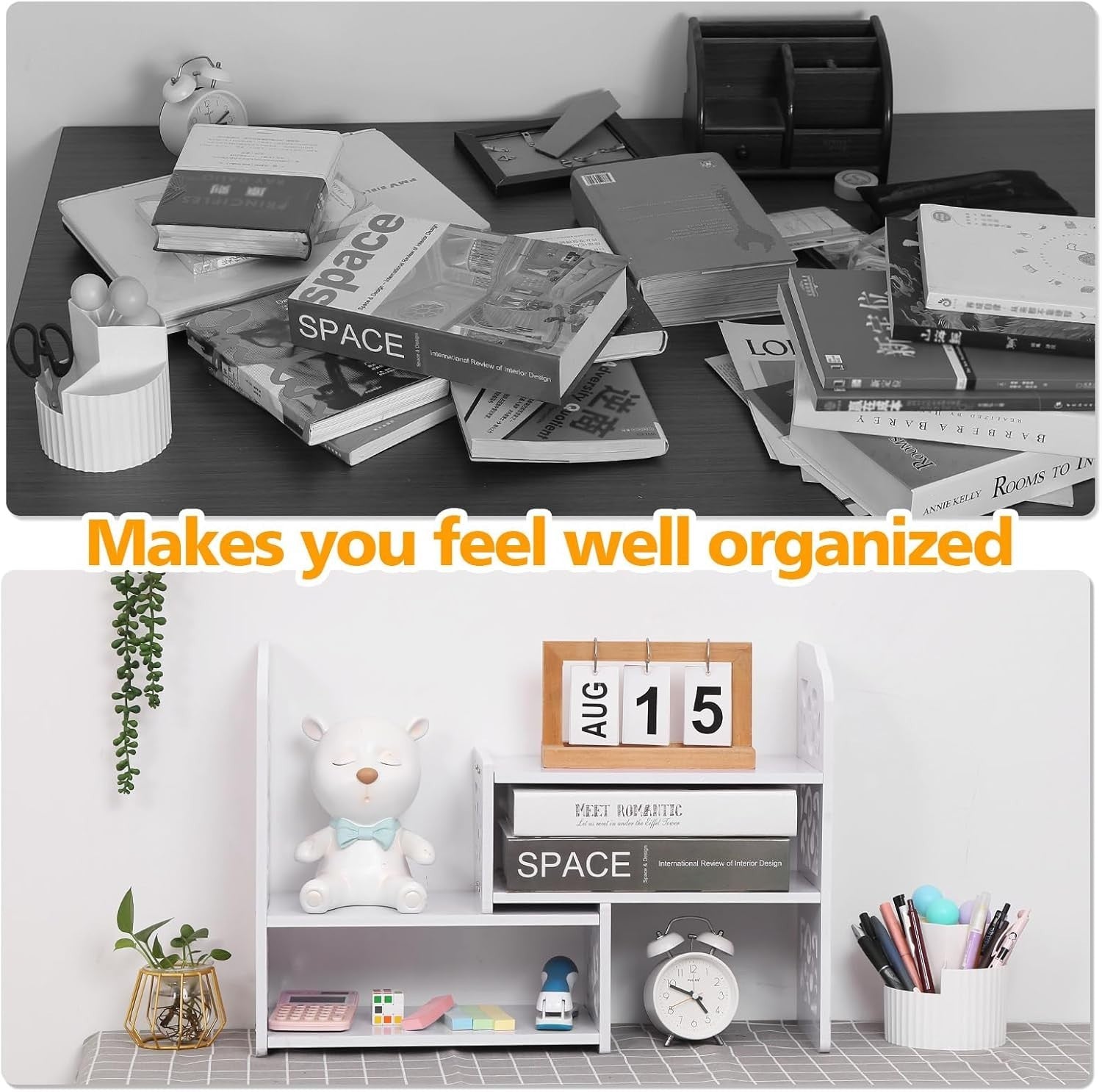 Adjustable Desk Bookshelf – Expandable PVC Desktop Organizer for Office & Home