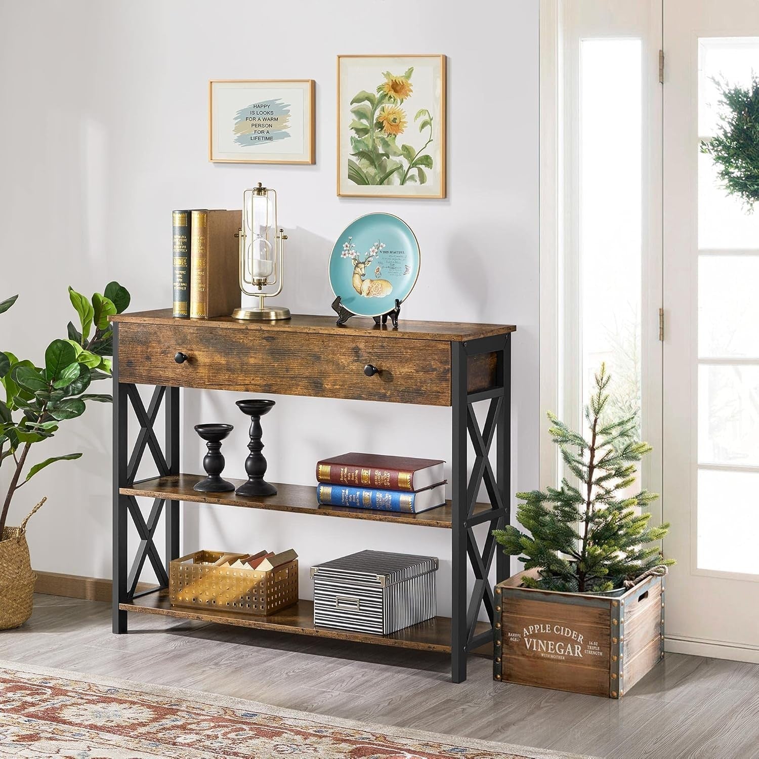 Rustic Console Table with Drawer & 2 Shelves, 100x29.5x81cm, Storage & Display