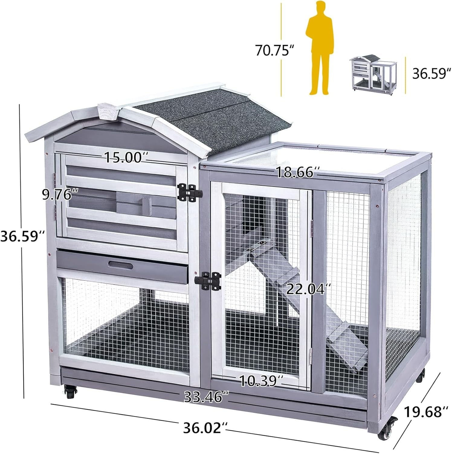 Indoor Outdoor Rabbit Hutch Wooden Cage With Wheels Ramp Secure Small Animal